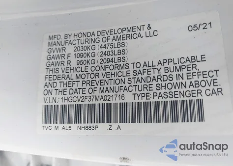 2021 Honda Accord Sport 2.0T from USA, damaged, VIN 1HGCV2F37MA021716